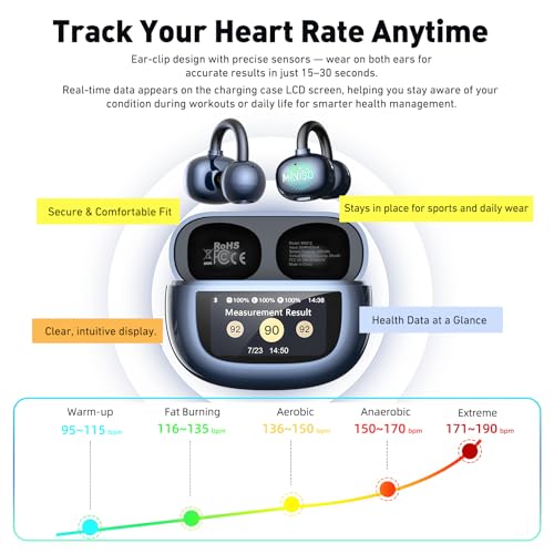 MINISO Clip On Earbuds Open Ear Earbuds Wireless Bluetooth 5.4 Headphones Heart Rate Monitor, Noise Cancelling, IPX5, LCD Full Color Touch Screen, Sports Ear Buds wiht mic Secure Fit for Small Ears