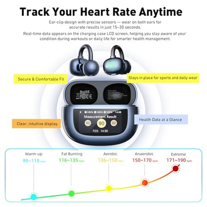 MINISO Clip On Earbuds Open Ear Earbuds Wireless Bluetooth 5.4 Headphones Heart Rate Monitor, Noise Cancelling, IPX5, LCD Full Color Touch Screen, Sports Ear Buds wiht mic Secure Fit for Small Ears