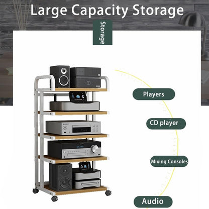 AV Media Shelf, 2-Tier Stereo Audio Rack Stand, Game Console Stereo Cabinet, CD Rack Entertainment Stereo Component Organizer, Easy To Install(P5Black)
