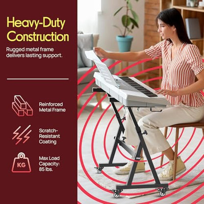 Pyle Universal Electronic Piano, Black Heavy-Duty Z Style Keyboard Stand with Locking Wheels, Adjustable Height and Width, Portable Organ Holder Rack, Collapsible Design (PKSTZ88) - style: 1 Tier w/Wheels