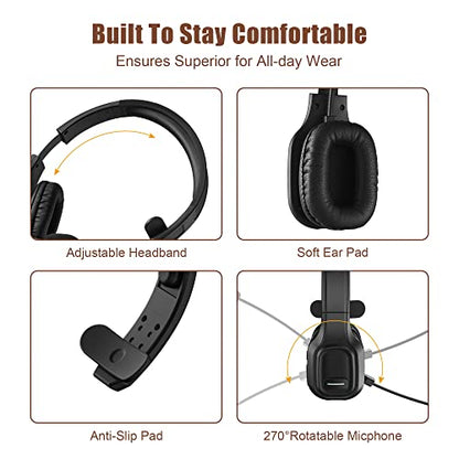 Trucker Bluetooth Headset V5.0, Wireless Headset with Noise Canceling&Mute Microphone for Cell Phones, On Ear Bluetooth Headphone for Computer, Zoom Meetings, Skype, Home Office - style: BH-M100