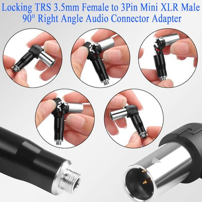 QIANRENON Locking TRS 3.5mm to Mini XLR 90° Angle Headphone Connector Lockable 1/8 TRS Female to 3Pin Mini XLR Male Balanced Audio Adapter, Right Angle Adjustable, for Fanny Pack Microphone
