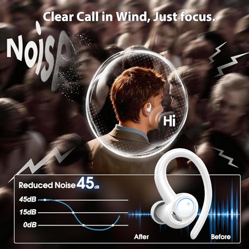 Wireless Sports Earbuds with Earhook, 48H Deep Bass/ENC Mic Ear Buds White | Wireless Earphone with LED Display, Bluetooth 5.3 Headphones In Ear, IPX7 Waterproof Over Ear Buds for Running/Workout - color: White