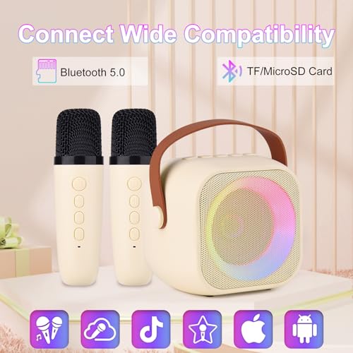 Karaoke Machine for Kids Adults, Mini Portable Bluetooth Karaoke Speaker with 2 Wireless Microphone and Lights,Toys for All Smartphones,Birthday, Family,Home Party Beige