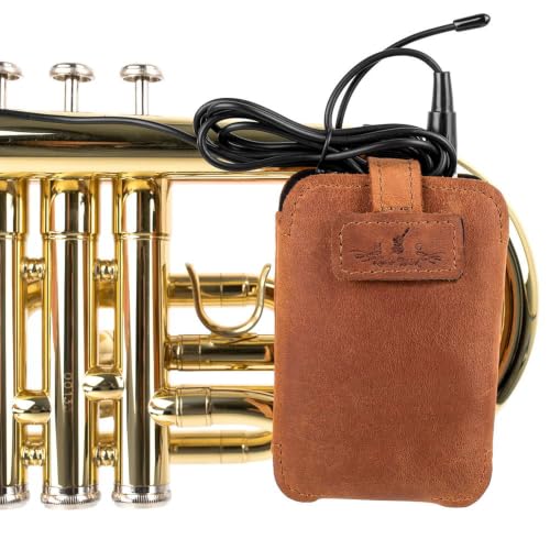 Euphonium Wireless Microphone Clip-On Pouch. Genuine Leather Bodypack Holder w. Secure hook & loop Straps - color: Cognac, size: Euphonium