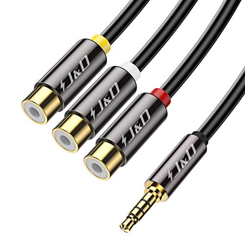 J&D 3.5 mm to 3RCA Cable, Gold Plated Copper Shell Heavy Duty 3.5mm 1/8 inch Male TRRS to 3 RCA Female Plug Stereo Audio Adapter Cable, 1 Feet - size: 1 Feet