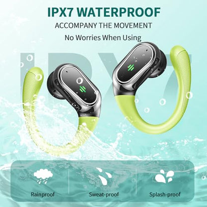 Wireless Earbuds, 2026 Bluetooth 5.4 Headphones Sport, Bluetooth Earbuds with ENC Noise Canceling Mic, 60H Stereo Wireless Headphones IP7 Waterproof with Earhooks, Dual LED Display for Workout/Running - color: Loyal Green
