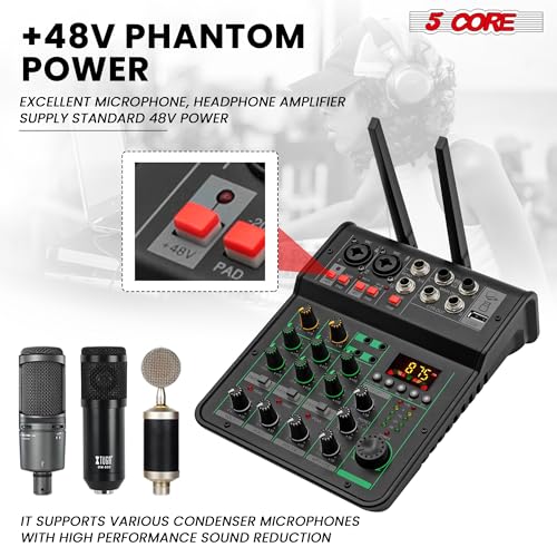 5 Core 4 Channel Audio Mixer with Bluetooth DJ Sound Controller XLR Microphone Studio Soundboard w +48V Phantom USB-A, MP3 Player Full EQ RCA Input/Output w Wireless Mic