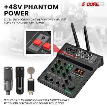 5 Core 4 Channel Audio Mixer with Bluetooth DJ Sound Controller XLR Microphone Studio Soundboard w +48V Phantom USB-A, MP3 Player Full EQ RCA Input/Output w Wireless Mic