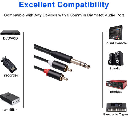 1/4 to RCA Cable, 1/4 inch TRS to Dual RCA Audio Cable, Gold Plated Copper Shell Heavy Duty 6.35mm 1/4 inch Male TRS to 2 RCA Male Stereo Audio Y Splitter Cable, 4.9 Feet