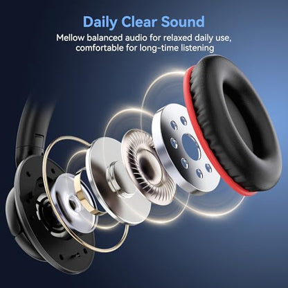 KVIDIO Wired Headphones with Microphone, Over Ear Foldable 3.5mm Plug in Corded Headphones with Volume Control, 4.9ft Tangle-Free Cord for Tablet Laptop MP3/4 School, Airplane Travel Black Red | Wired Over Ear Foldable Headphones for Teens Classroom Trave