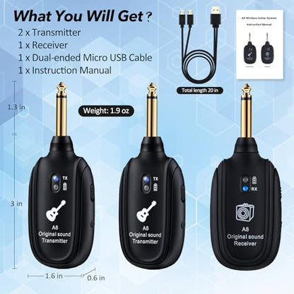 A8 Wireless Guitar System UHF 2 Modes, 100ft Range, 2TX + 1RX