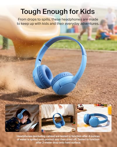 Belkin SoundForm Mini 2 Bluetooth Kids Headphones, On Ear, 55H Battery Life | Toddler headphones with Case, 85dB Volume Limit, Built-in Mic, Wired Connection Option, iPad, Android Tablet, School, Travel - color: Blue