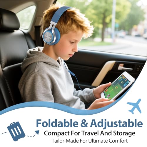 INFURTURE USB C Headphones Wired with Mic & Volume Control, Noise Isolating Over-Ear Headphones, Tangle-Free Plaiting Line, Foldable Headphone for School/Travel/iPad,Tablet,iPhone 17/16/15 - color: Light Blue