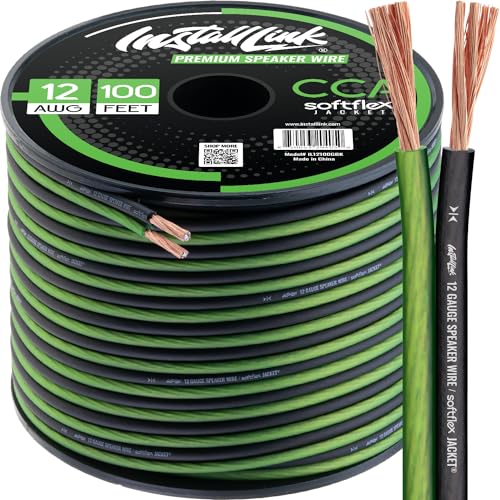Install Link 12 AWG Gauge Speaker Wire (100 Feet) Car or Home Theater (CCA) | 12/2 Speaker Cable, 2-Conductor, Frosted Green/Black, Easy Strip, Polarity ID, for Car Audio & Home Stereo - color: Frosted Green/Black