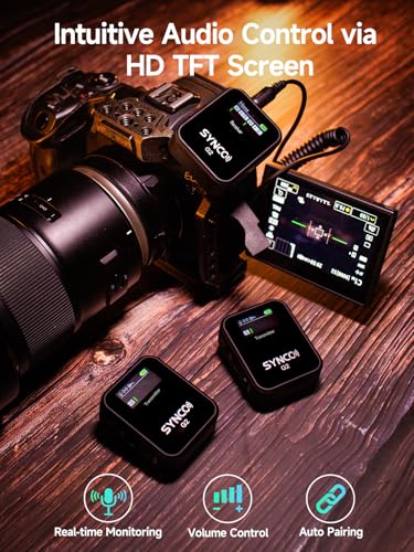 SYNCO G2(A2) Wireless Lavalier Microphone with 48KHz 24Bit Noise Reduction 656FT Range Camera Microphone for DSLR/iPhone/Android/Laptop, Lapel Mic for Vlogging Streaming YouTube | 48kHz/24-bit audio vlogging, noise reduction, 656ft stable wireless range,