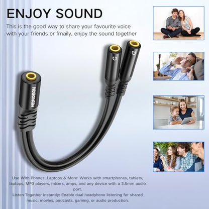 HOSONGIN 3.5mm TRS Female to Dual 3.5mm TRS Female Y Splitter Cable, 1/8 Inch Headphone Aux Splitter for Smartphones, Tablets, Laptops, Amplifiers - 0.6Ft（7.8 inch）