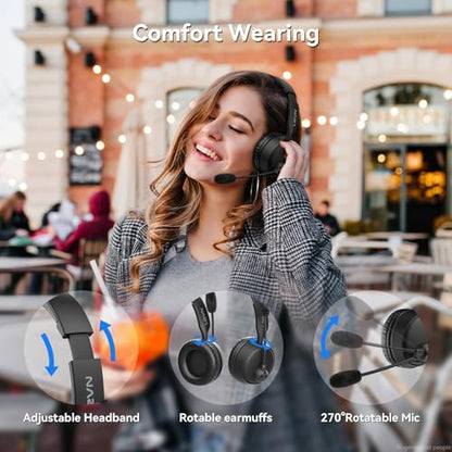 Wireless Headset with Mic for Work, Wireless Headset with Microphone AI Noise Cancelling, Bluetooth 5.3, 60H Battery, Mute Button, Comfortable Over Ear Headphones for PC, Laptop, Call Center, Office