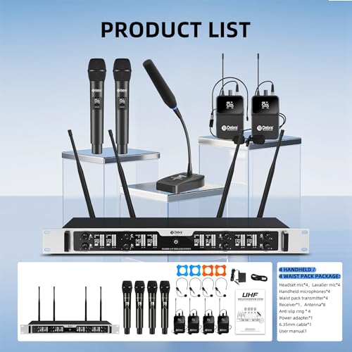 Debra Wireless Microphone System Pro DU8008 UHF 8 * 16 Adjustable Channel Wireless Handheld Lavalier Headset Mics, Ideal for Meeting Church Speech Party (4 Handheld 4 Bodypack) - color: 4 Handheld 4 Bodypack