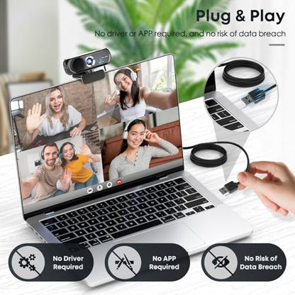 2K Webcam with Microphone, Noise Cancellation, Privacy Cover, Wide-Angle Lens, Auto Light Correction, Plug & Play USB Webcam for Laptop, Desktop, PC, Mac, Zoom, Skype, Streaming (Black)