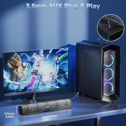 SOULION Bluetooth Computer Speakers with Dynamic LED Light, USB Plug & Play PC Speakers with Switch Button, Clearly Sound Soundbar for Desktop Laptop Monitor MG(USB-C to USB Adapter Included) | Dynamic LED Light, USB Plug & Play, Switch Button, Clearly So
