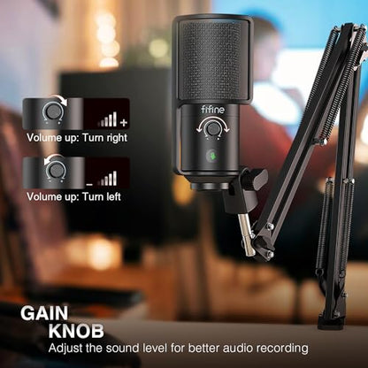 FIFINE Recording Mic Arm Kit and Streaming Headphones Bundle, Condenser Microphone Boom Arm with Mute Button, Gain Knob, Over Ear Wired Headphones with Detachable Cables for Podcast(T669PRO1+H8)