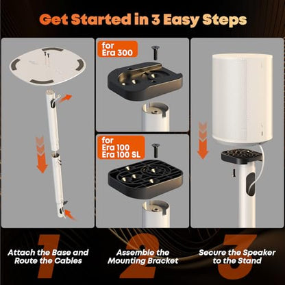 Speaker Stands for Sonos Era 100, 100 SL & Era 300 - Hidden Cable, Set of 2 | Easy to Assemble, Sturdiness, 29.1–39'' Height Adjustable, Two Base Mounting Design, Max holds 11lbs(per one), White - color: White, size: 2 Pack