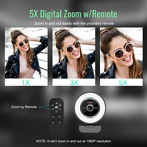 Angetube Streaming Webcam with Microphone, USB 1080P Web Cam w/Ring Light | Remote Control, 1080P@60FPS, 5X Digital Zoom, Built in Privacy Cover, HD Computer Web Camera for Desktop, PC, Laptop, Mac