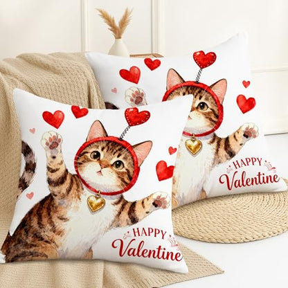 Cat Throw Pillow Covers Set of 2, Playful Fanciful Hearts Red Headband Valentine Red with Hidden Zipper Cushion Covers Pillow for Living Room Apartment Bed Sofa Decor 26x26 Inch - size: 26" x 26" (Pack of 2)