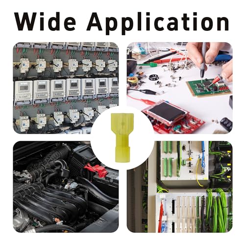 100Pcs Yellow Male Spade Connectors 12-10 AWG, Nylon Insulated Quick Disconnect Terminals, Tinned Copper Crimp Wire Connectors for Automotive, Speaker, Electronics - size: 12-10 AWG