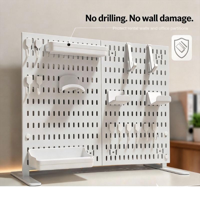 Gaming Desk Organizer, No-Drill Freestanding Desk Pegboard with Headphone Stand, Controller Holder, Keyboard Stand & Shelves, 5-in-1 Gaming Setup Accessories for Dorm Room & Home Office, White