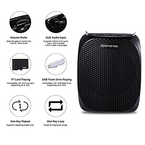 ZOWEETEK Portable Rechargeable Mini Voice Amplifier for Teachers - color: Black