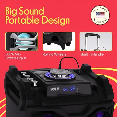 Pyle 500 Watt Portable BT Connectivity Karaoke Speaker System - PA Stereo with 8" Subwoofer, DJ Lights Rechargeable Battery Microphone, Recording Ability, MP3/USB/SD/FM Radio - PWMA325BT