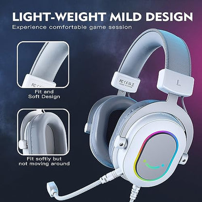 FIFINE H6W USB Gaming Headset,Wired Headphones with Mic for PC/Laptop/PS5 | Tuned 50mm Drivers, 7.1 Surround Sound, 3 EQ Modes, Soft Earmuff, Vibrant RGB, Handy In-line Control, for gaming/streaming - color: White