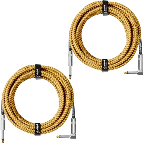 Guitar Cable 20ft 2-Pack, Tweed Cloth Braided Instrument Cable, TS 1/4 Inch Angled to Straight, for Electric Guitar/Bass/Amp, Yellow & Brown - color: Yellow, size: 20ft