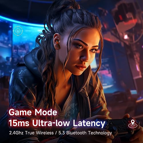 V1 게이밍 이어버드, 2.4Ghz 동글이 있는 15ms 낮은 대기 시간, 3D 스테레오 사운드, 블루투스 5.4, IPX4 무선 이어버드, PC, PS5, PS4, 스위치, VR용 노이즈 캔슬링 마이크 포함