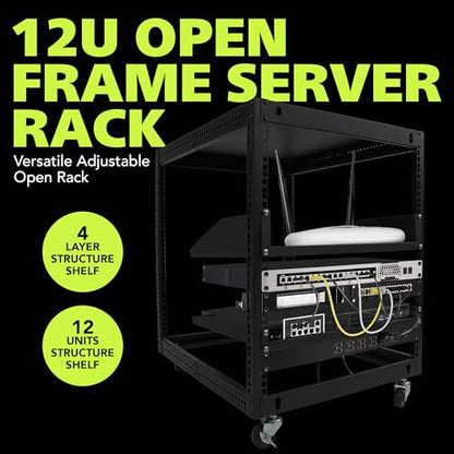 Pearington 12U Open Frame Server Rack, 23''-40'' Adjustable Depth, Free Standing or Wall Mount, 4 Post AV Rack with Casters, Holds Networking IT Equipment AV Gear Router Modem - size: 12U Open Frame