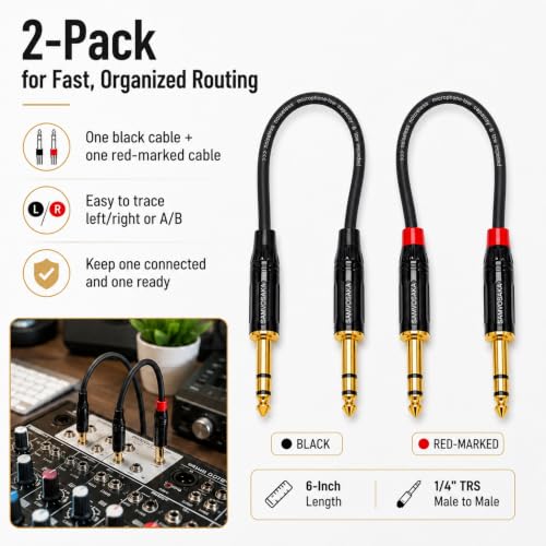 TRS Cable 1/4 Inch 6 Inch 2-Pack Gold-Plated Balanced for Guitar Keyboard | 2x 6in Balanced TRS Patch Cable 20AWG OFC Shielded for Mixer Amplifier Studio Monitor Pedalboard