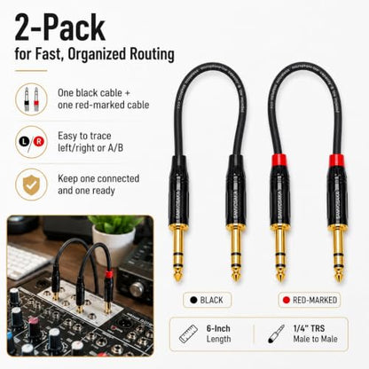 TRS Cable 1/4 Inch 6 Inch 2-Pack Gold-Plated Balanced for Guitar Keyboard | 2x 6in Balanced TRS Patch Cable 20AWG OFC Shielded for Mixer Amplifier Studio Monitor Pedalboard