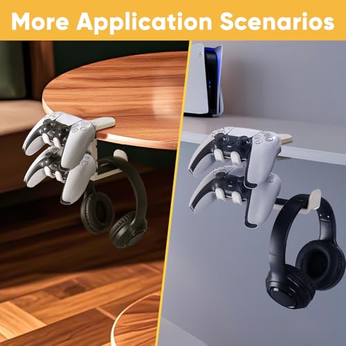 3-in-1 Under Desk Headphone Hanger with Adjustable Clamp Mount, 2 Controller Slots & 1 Headset Universal Holder Stand, Rotatable Hook Rack & Cable Organizer, for Home Gaming Xbox ps5 - White - size: White - 1 Headphone & 2 Controllers