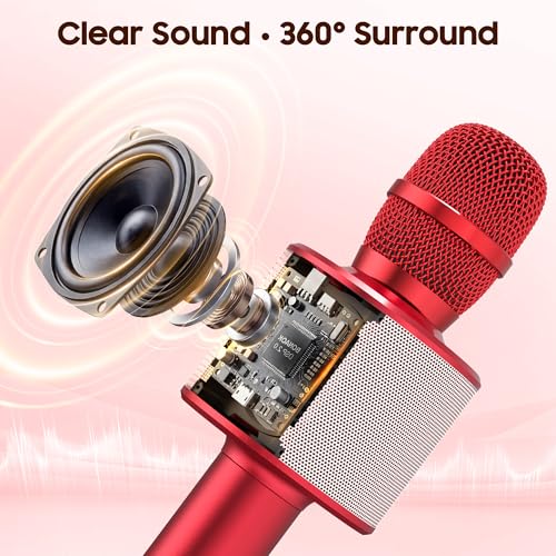 BONAOK Wireless Bluetooth Karaoke Microphone,3-in-1 Portable Handheld Mic Speaker Machine Birthday Home Party for PC or All Smartphone(Q37 Red) - color: Red