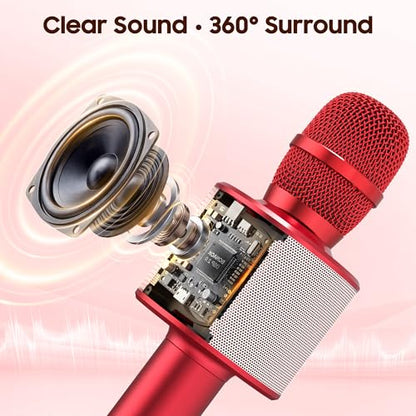 BONAOK Bluetooth Karaoke Microphone, Portable Mic for Adults Kids | Bluetooth 5.0, Echo Mode,Built-in Speaker, SD Card, for iPhone iPad, Handheld,Home Karaoke,Party,Gifts - color: Red