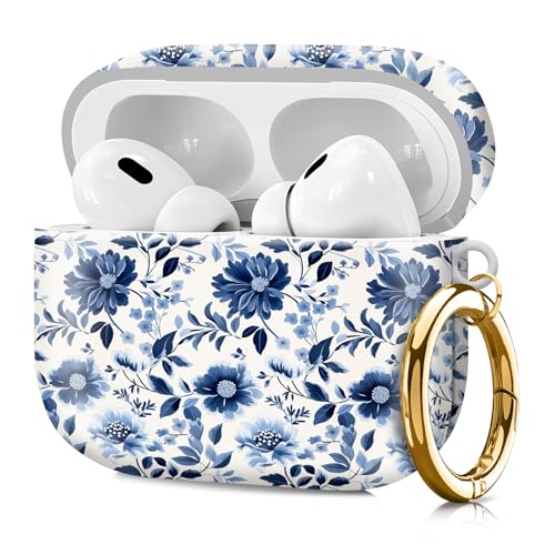 Compatible with Airpod pro 2nd/1st Generation Case Cover with Gold Round Keychain Cute Pattern Hard & Anti Slip Cover for Men Women & Girls（Blue and White） - color: Blue and White