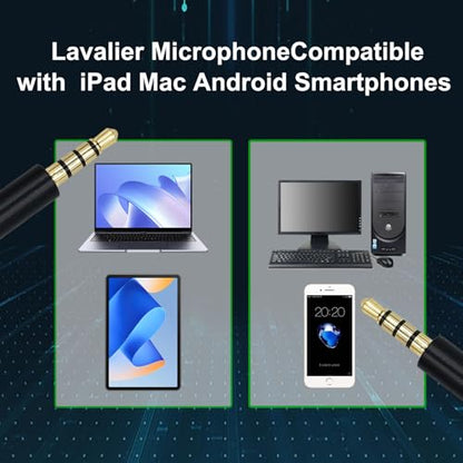 Lavalier Lapel Microphone Omnidirectional Condenser Mic Compatible with iPad Mac Android Smartphones for Podcast YouTube Vlogging Recording Noise Cancelling Mic,3.5mm Black 5ft