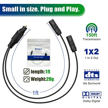 1x2 Digital Audio Splitter, Toslink Digital Fiber Optic Audio Splitter 1 Male Input 2 Female Output (for Home Theatre, Xbox, PS3/PS4) - color: straight plug