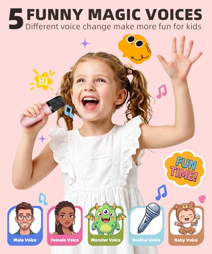 Mini Kids Karaoke Machine Toy Ages 3-12, 2 Wireless Mics Bluetooth Speaker | LED Party Lights, Voice Changer, Duets, BT 5.3, Rechargeable Portable, Christmas Birthday Gifts for Toddler Boys & Girls - color: Pink - 2 Mics