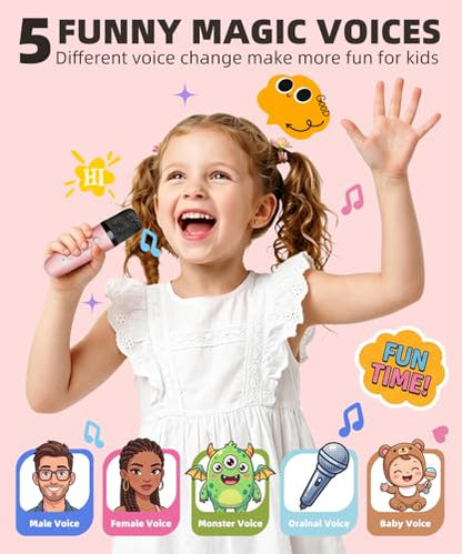 Mini Kids Karaoke Machine Toy Ages 3-12, 2 Wireless Mics Bluetooth Speaker | LED Party Lights, Voice Changer, Duets, BT 5.3, Rechargeable Portable, Christmas Birthday Gifts for Toddler Boys & Girls - color: Pink - 2 Mics