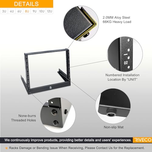 RIVECO 8u Tabletop Rack for Audio & Network, Desktop Rack Shelf Tappered Holes Open Frame Sound Recording Shelf Free Standing 2 Post Black - size: 8u