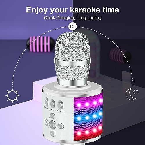 BONAOK Karaoke Microphone for Kids & Adults - Bluetooth Microphones Singing Mic with Disco Lights, Echo Effect, Built-in Speaker Portable Karaoke Player for Party Travel Gifts Q78(Silver) - color: Silver