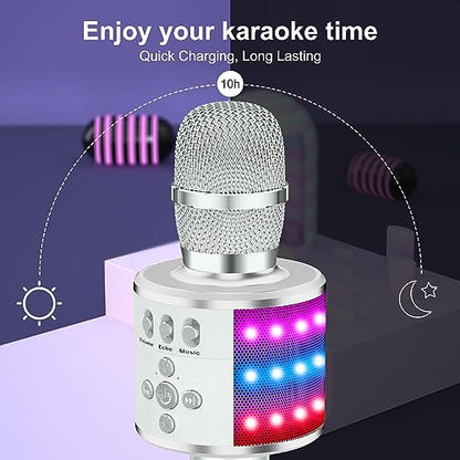 BONAOK Karaoke Microphone for Kids & Adults - Bluetooth Microphones Singing Mic with Disco Lights, Echo Effect, Built-in Speaker Portable Karaoke Player for Party Travel Gifts Q78(Silver) - color: Silver